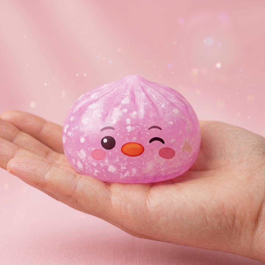 Squishy Dumpling Pingwin Cukierkowy Róż w dłoni — porównanie rozmiaru