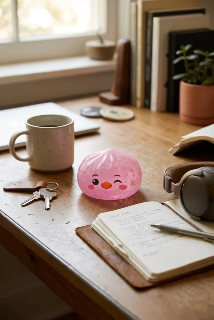 Squishy Dumpling Pingwin Cukierkowy Róż na biurku