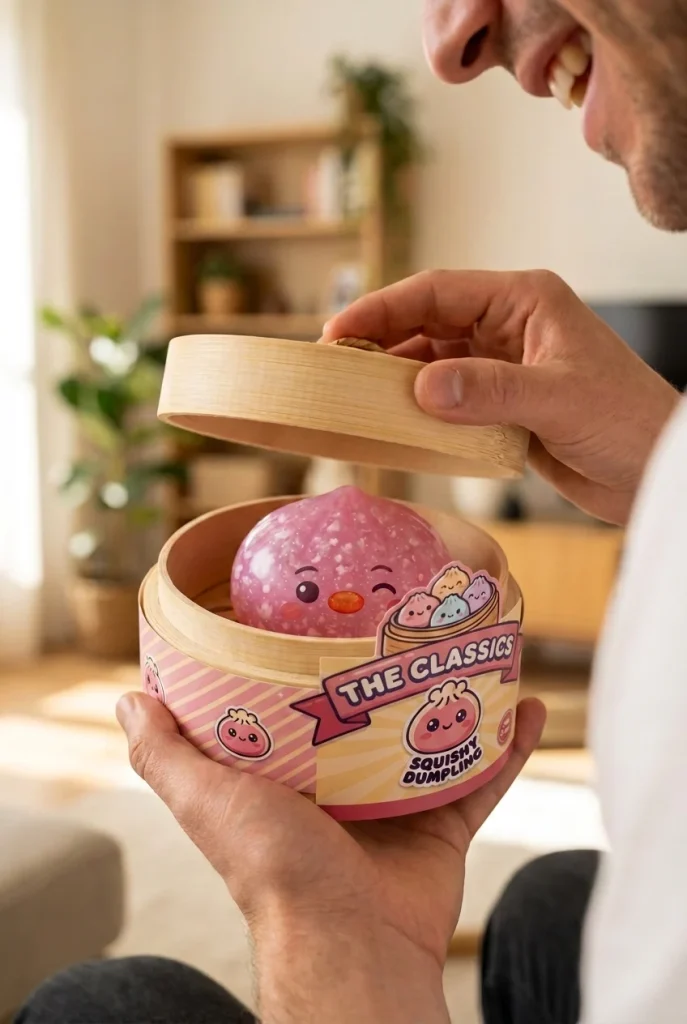 Squishy Dumpling Pingwin Cukierkowy Róż podczas rozpakowywania