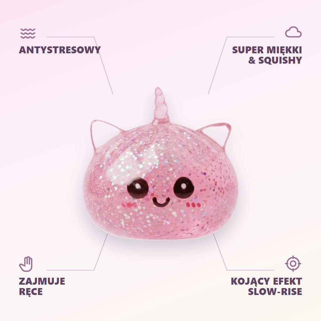 Dumpling Squishy Glitter Jednorożec Różowy infografika: najważniejsze zalety