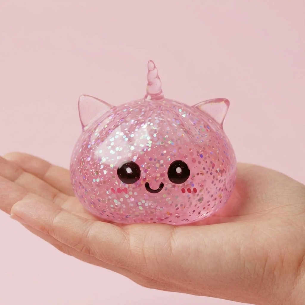 Dumpling Squishy Glitter Jednorożec Różowy w dłoni — porównanie rozmiaru