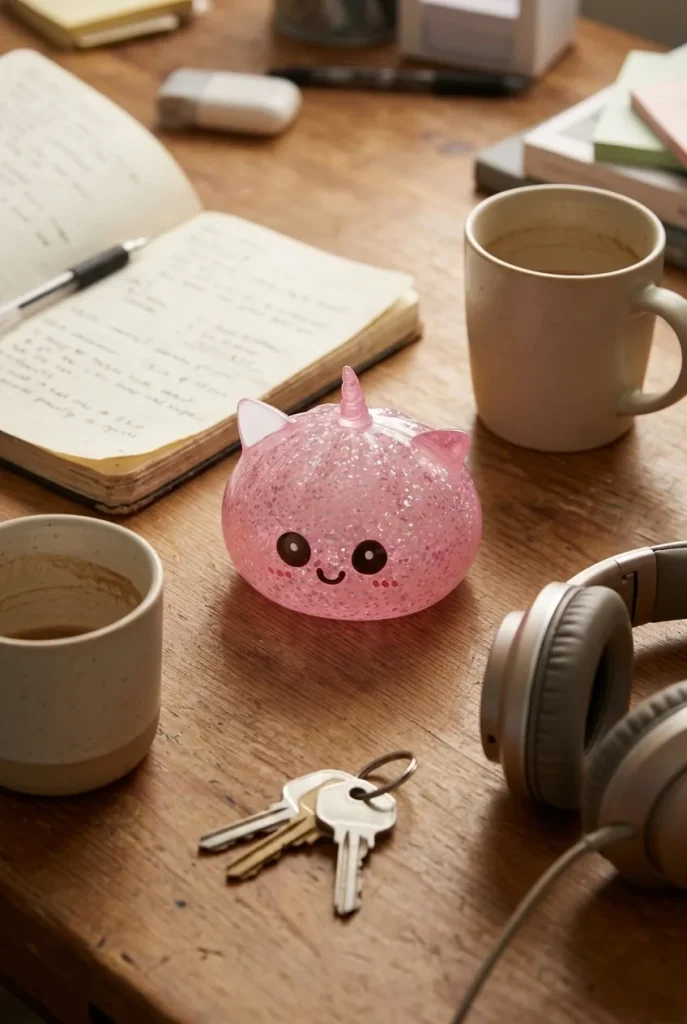 Dumpling Squishy Glitter Jednorożec Różowy na biurku