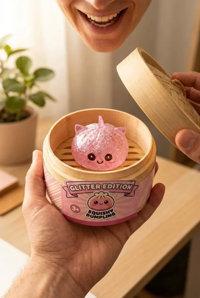 Dumpling Squishy Glitter Jednorożec Różowy podczas rozpakowywania