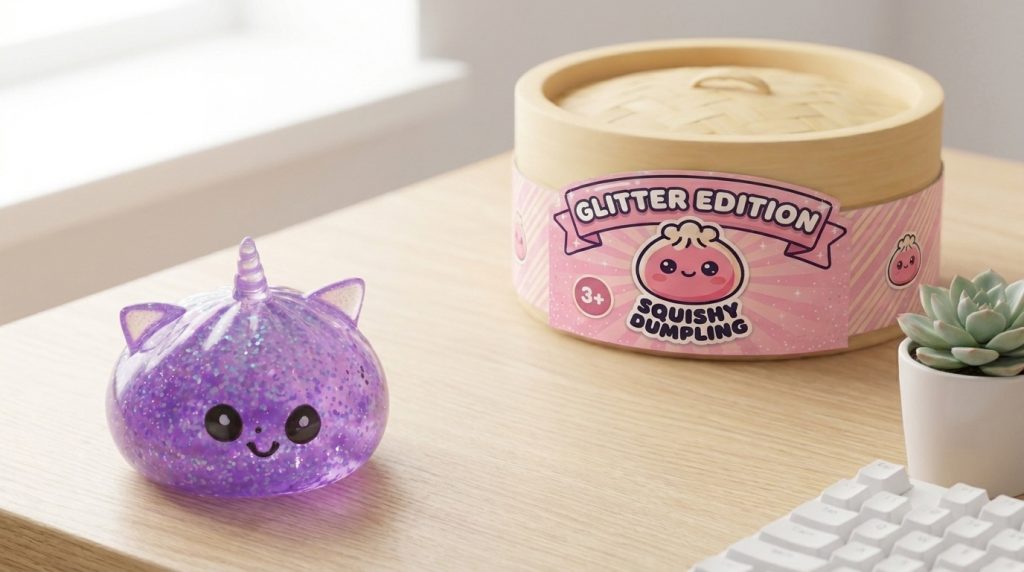 Dumpling Squishy Glitter Fioletowy Jednorożec w codziennej aranżacji