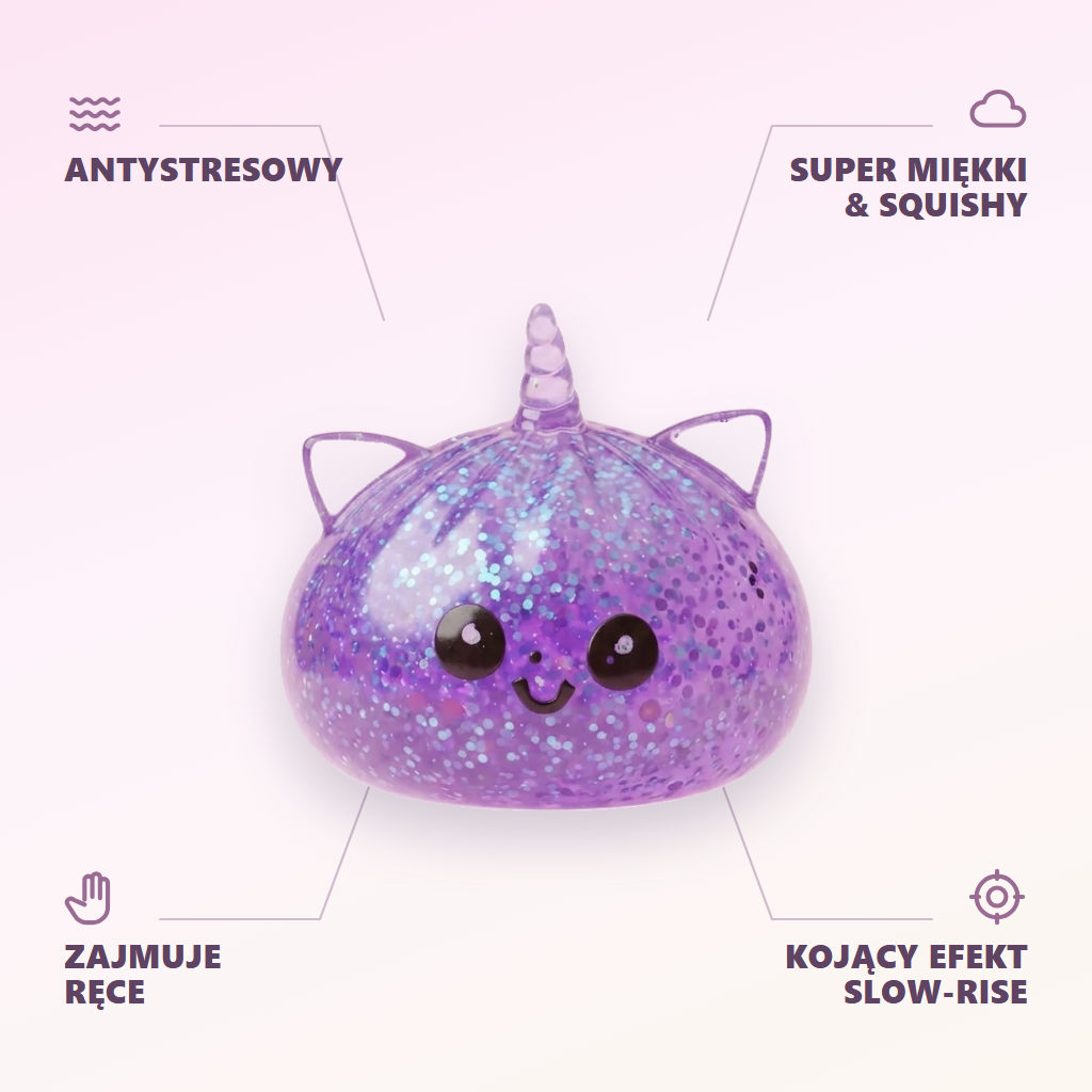 Dumpling Squishy Glitter Fioletowy Jednorożec infografika: najważniejsze zalety