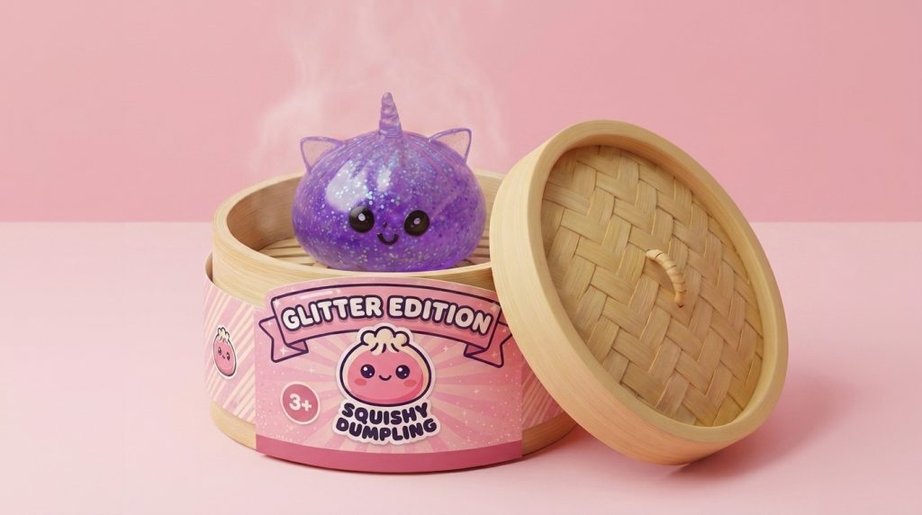 Dumpling Squishy Glitter Fioletowy Jednorożec w bambusowym koszyku