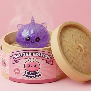 Dumpling Squishy Glitter Fioletowy Jednorożec w bambusowym koszyku