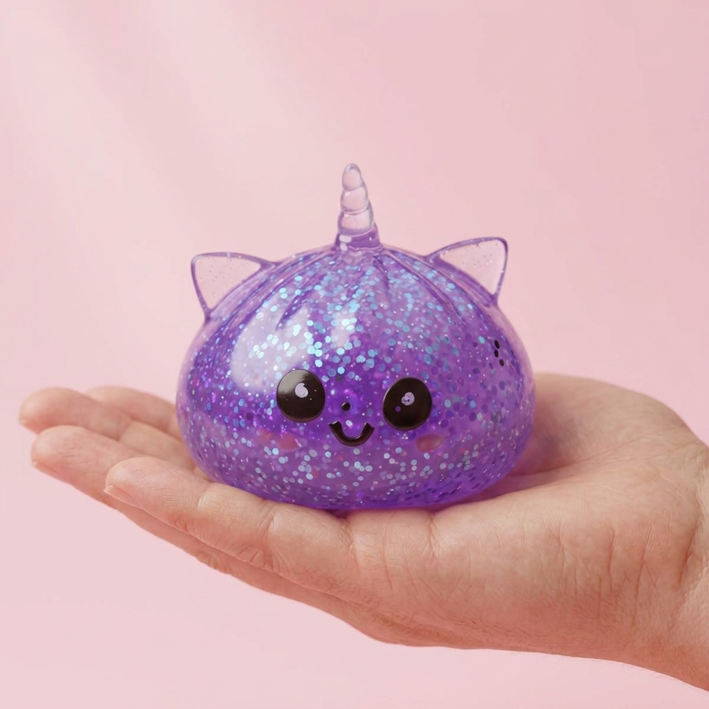Dumpling Squishy Glitter Fioletowy Jednorożec w dłoni — porównanie rozmiaru