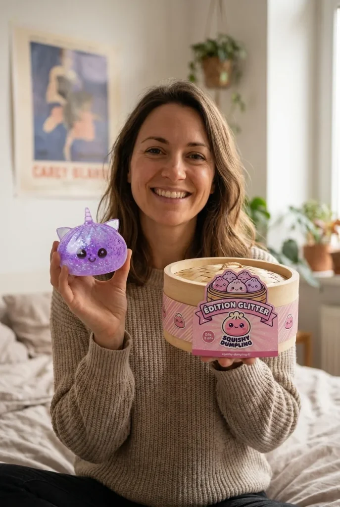 Dumpling Squishy Glitter Fioletowy Jednorożec z pudełkiem