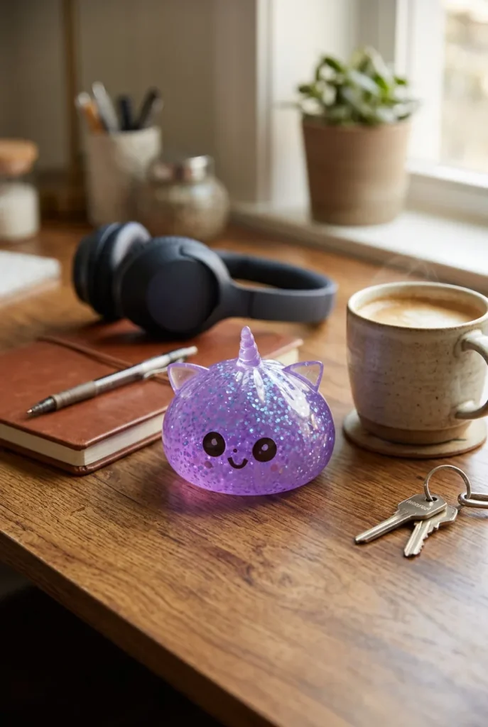 Dumpling Squishy Glitter Fioletowy Jednorożec na biurku