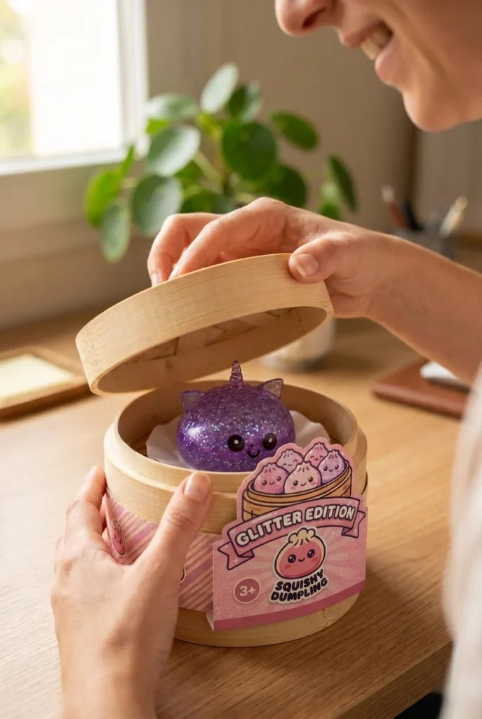 Dumpling Squishy Glitter Fioletowy Jednorożec podczas rozpakowywania