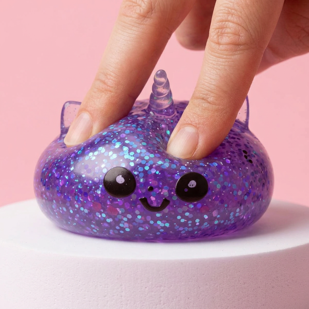 Dumpling Squishy Glitter Fioletowy Jednorożec efekt slow-rise w akcji