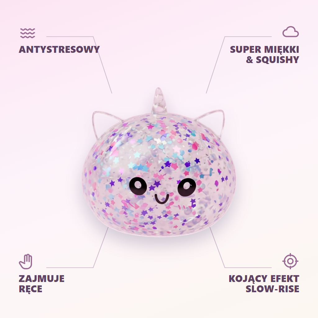 Dumpling Squishy Unicorn Sparkle Biały infografika: najważniejsze zalety