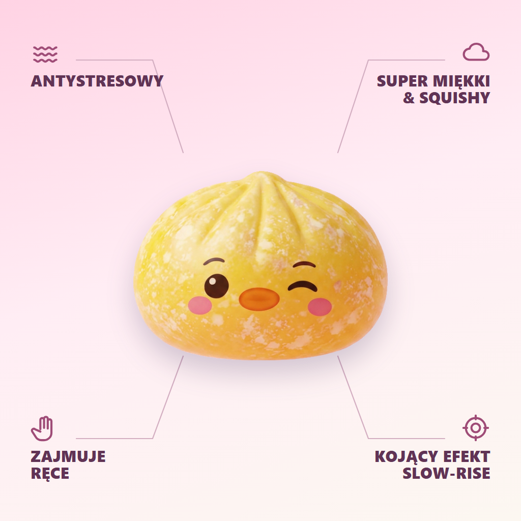 Dumpling Squishy Pingwin Żółty Maślany infografika: najważniejsze zalety