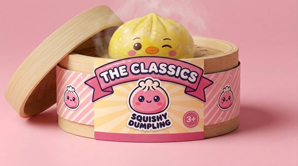 Dumpling Squishy Pingwin Żółty Maślany w bambusowym koszyku