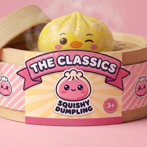 Dumpling Squishy Pingwin Żółty Maślany w bambusowym koszyku