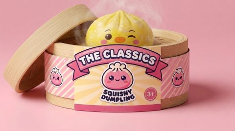 Dumpling Squishy Pingwin Żółty Maślany w bambusowym koszyku