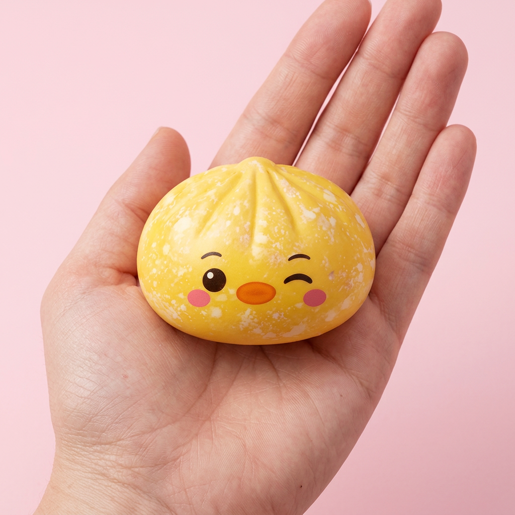 Dumpling Squishy Pingwin Żółty Maślany w dłoni — porównanie rozmiaru