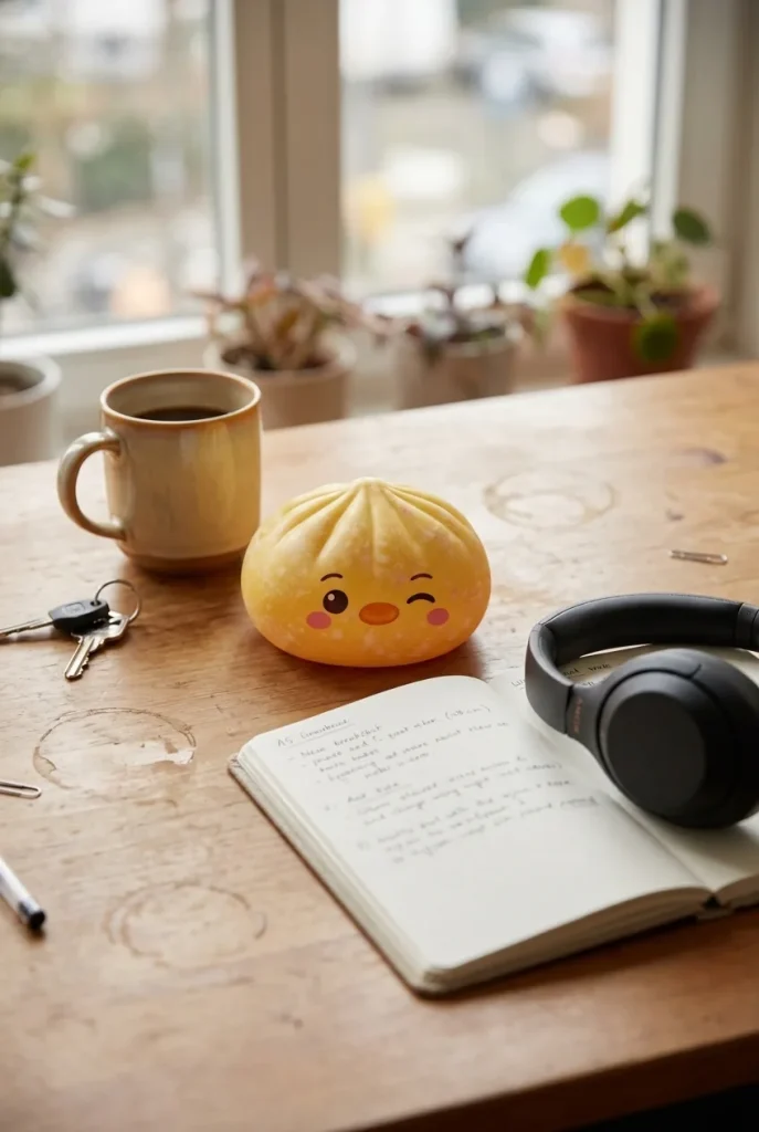 Dumpling Squishy Pingwin Żółty Maślany na biurku
