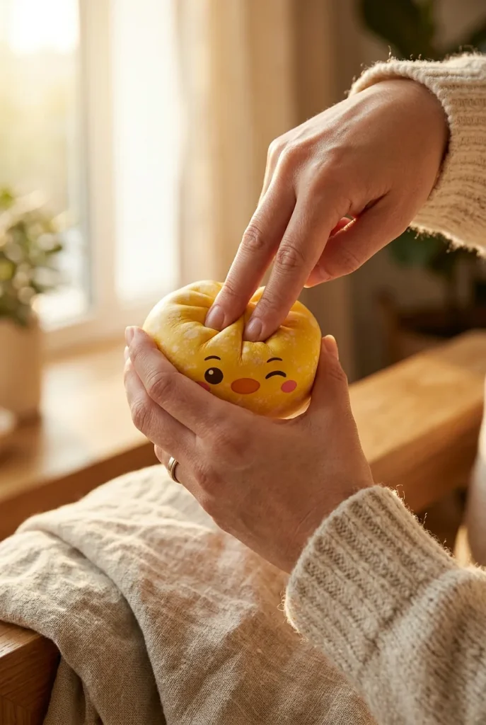 Dumpling Squishy Pingwin Żółty Maślany podczas ściskania