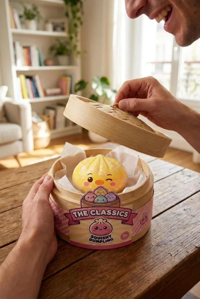 Dumpling Squishy Pingwin Żółty Maślany podczas rozpakowywania