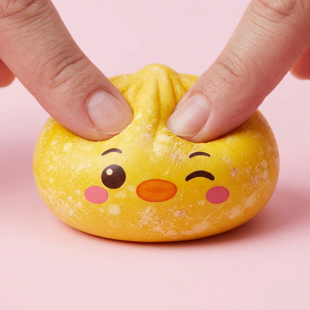 Dumpling Squishy Pingwin Żółty Maślany efekt slow-rise w akcji