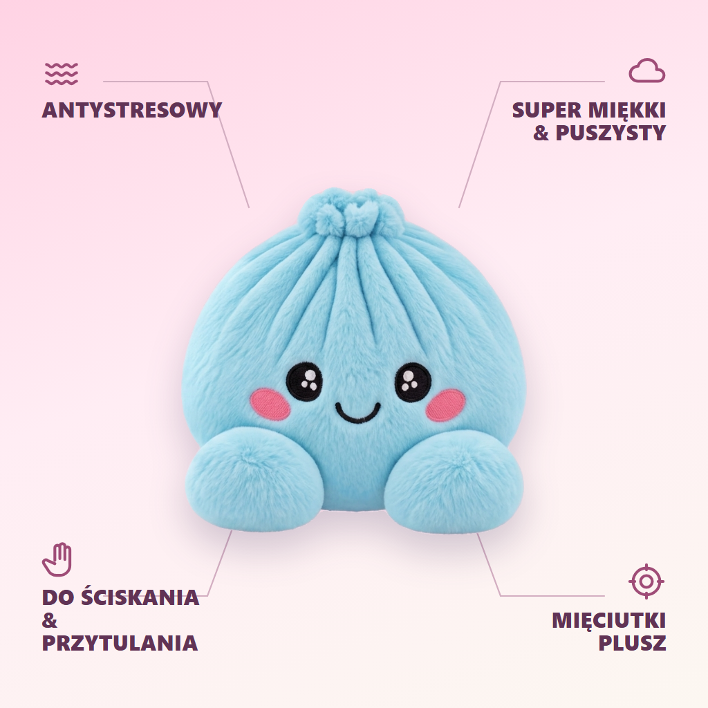 Dumpling Squishy Błękitny Pluszowy infografika: najważniejsze zalety