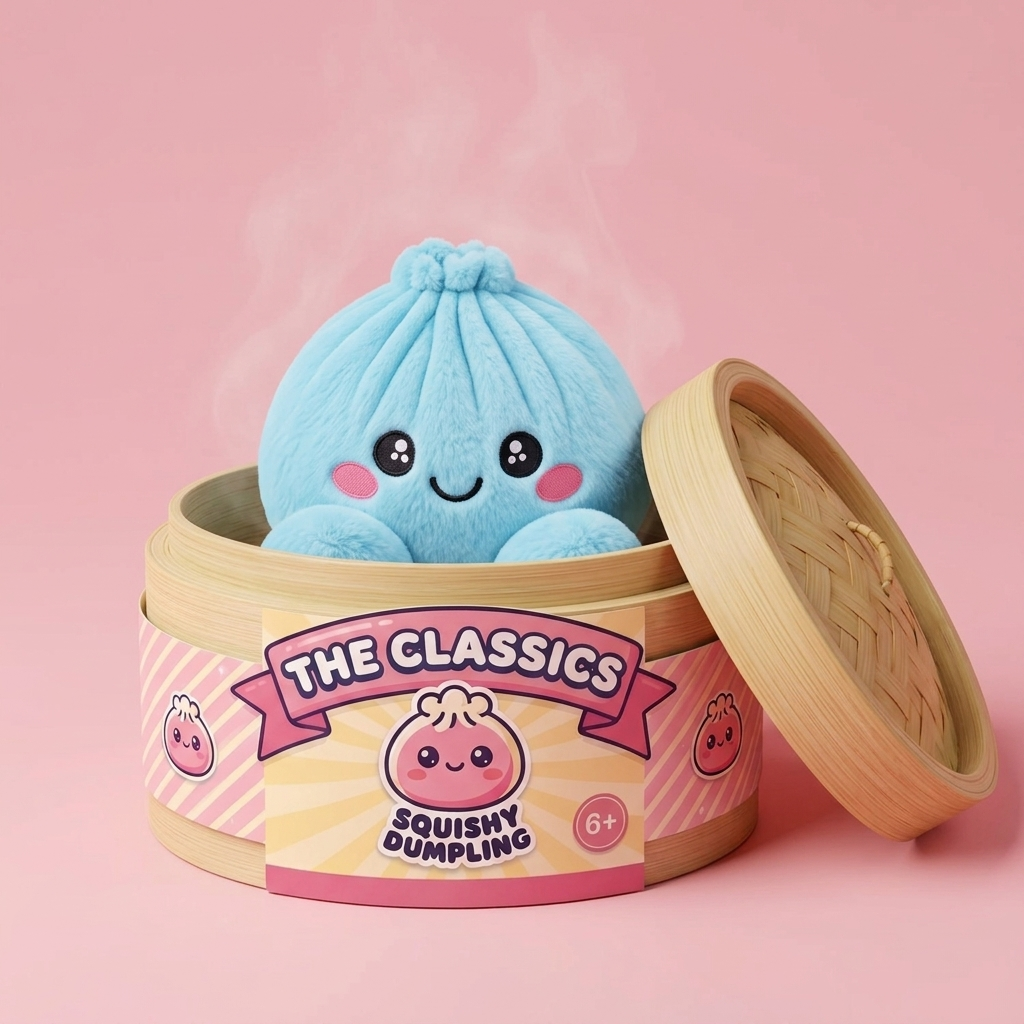 Dumpling Squishy Błękitny Pluszowy w bambusowym koszyku