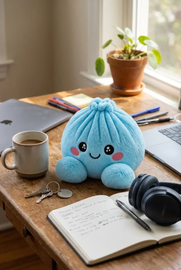 Dumpling Squishy Błękitny Pluszowy na biurku
