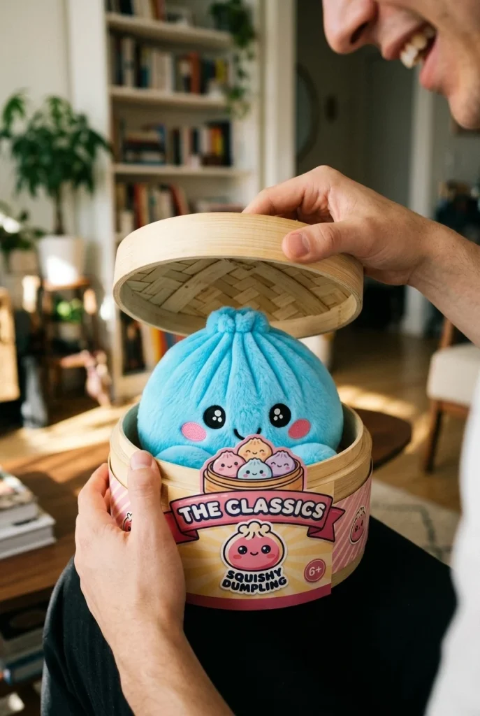 Dumpling Squishy Błękitny Pluszowy podczas rozpakowywania