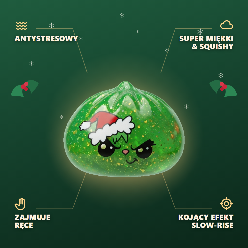 Glitter Dumpling Squishy Zielony Zrzęda Świąteczny infografika: najważniejsze zalety