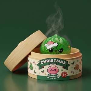 Glitter Dumpling Squishy Zielony Zrzęda Świąteczny w bambusowym koszyku