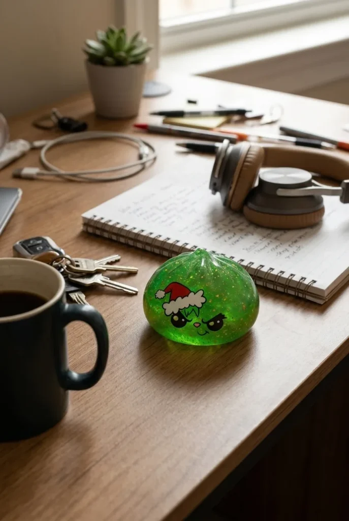 Glitter Dumpling Squishy Zielony Zrzęda Świąteczny na biurku