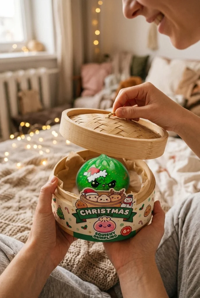 Glitter Dumpling Squishy Zielony Zrzęda Świąteczny podczas rozpakowywania