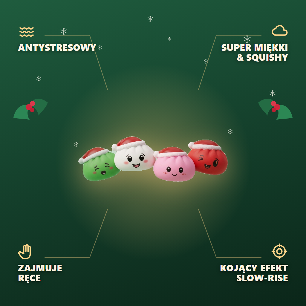 Dumpling Squishy Czapka Mikołaja Zestaw 4 szt infografika: najważniejsze zalety