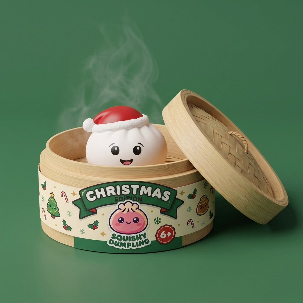 Dumpling Squishy Czapka Mikołaja Zestaw 4 szt w bambusowym koszyku