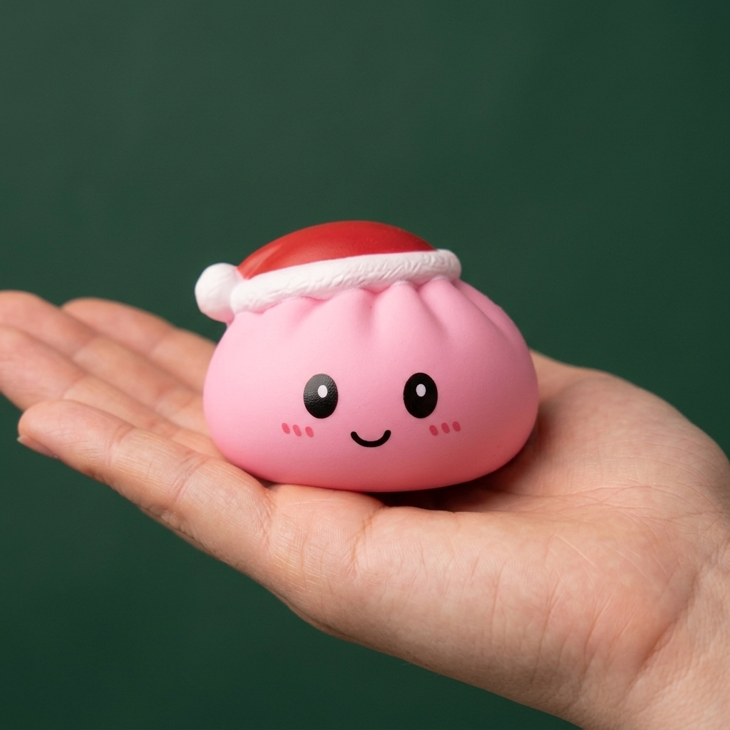 Dumpling Squishy Czapka Mikołaja Zestaw 4 szt w dłoni — porównanie rozmiaru