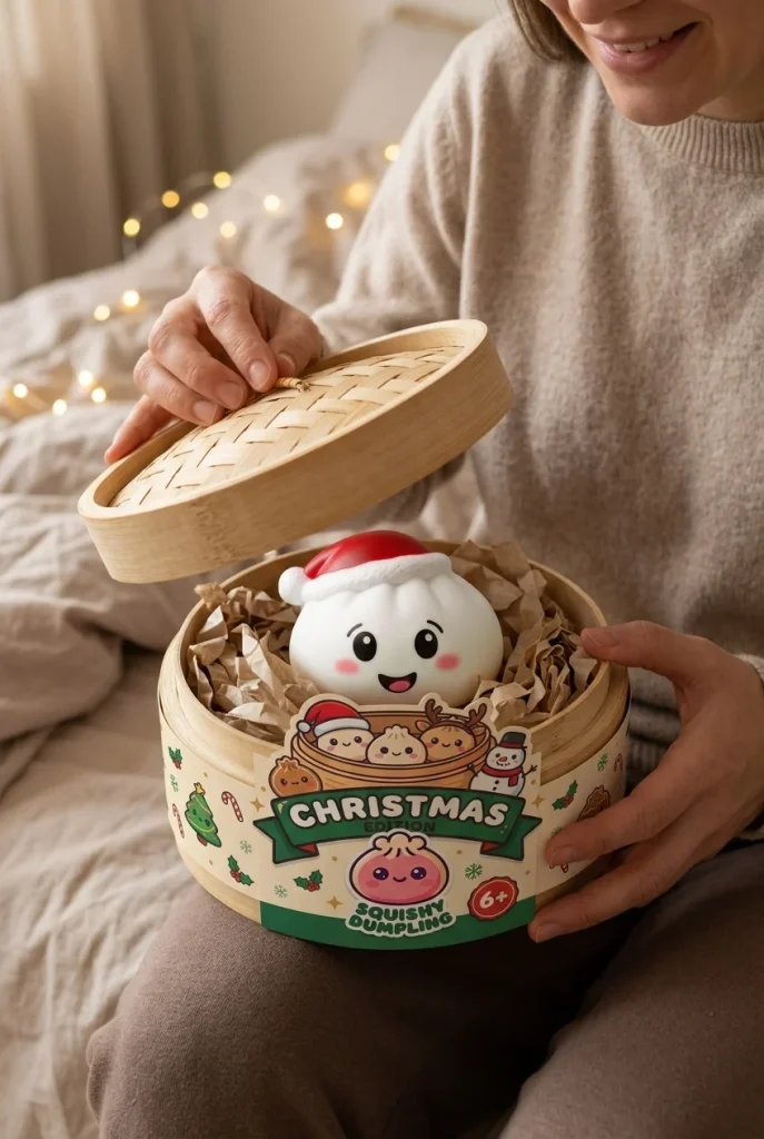 Dumpling Squishy Czapka Mikołaja Zestaw 4 szt podczas rozpakowywania