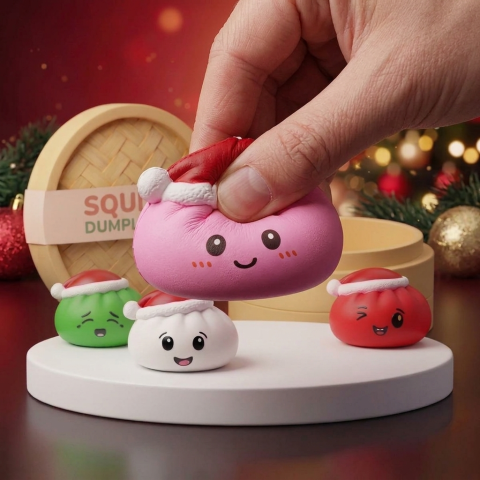Dumpling Squishy Czapka Mikołaja Zestaw 4 szt efekt slow-rise w akcji