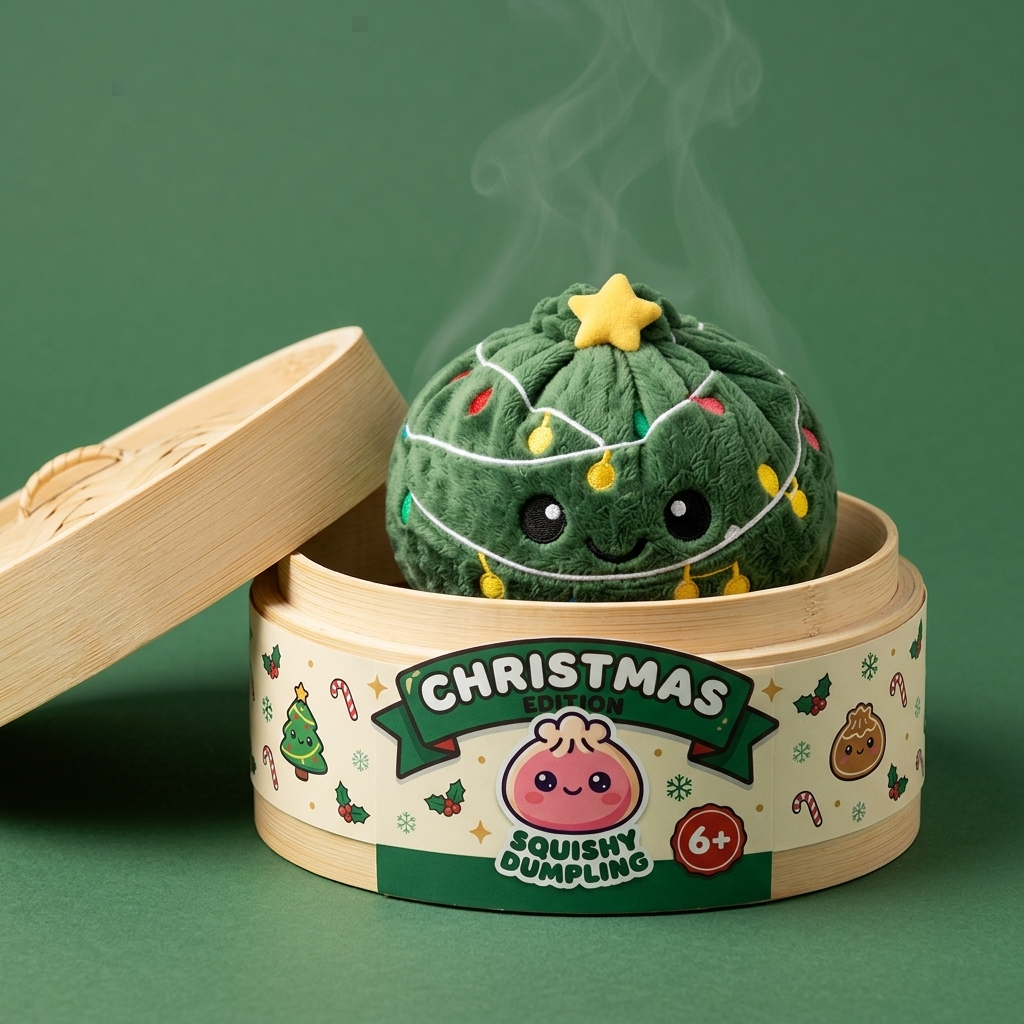 Dumpling Squishy Choinka ze Światełkami w bambusowym koszyku