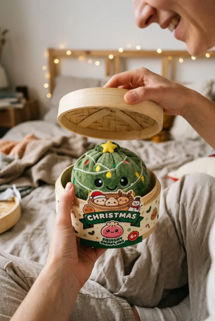 Dumpling Squishy Choinka ze Światełkami podczas rozpakowywania