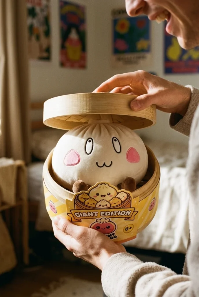 Giant Dumpling Squishy Wesoła Twarz podczas rozpakowywania