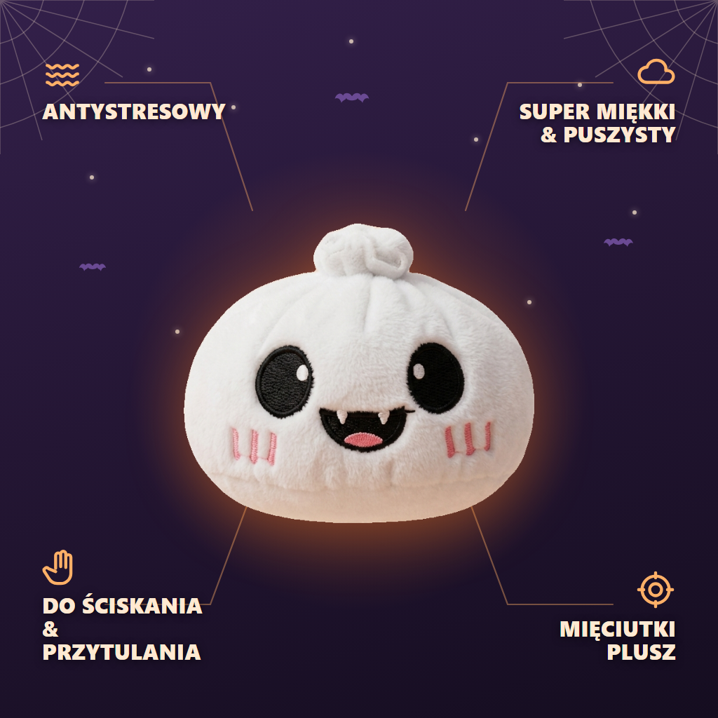 Ghost Dumpling Squishy Halloween Duszek w Blasku Księżyca infografika: najważniejsze zalety