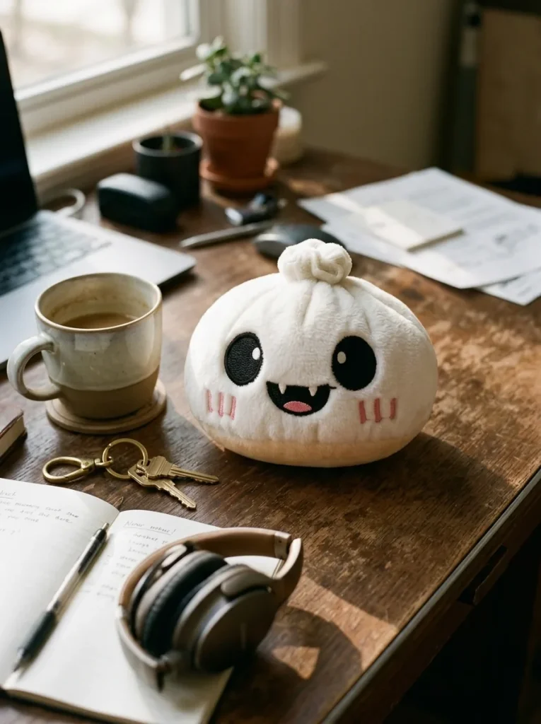 Ghost Dumpling Squishy Halloween Duszek w Blasku Księżyca na biurku