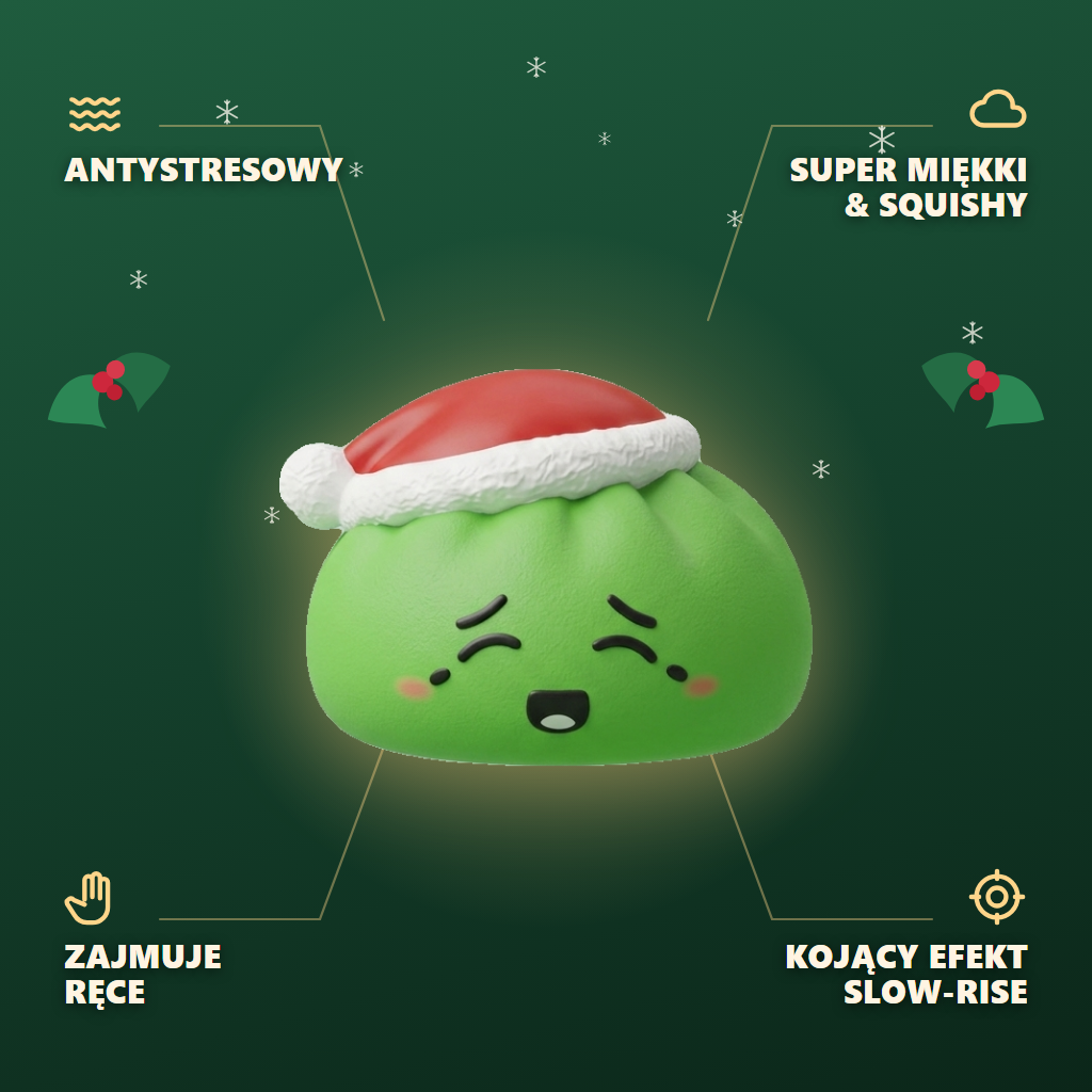 Dumpling Squishy Elf Zielona Czapka Mikołaja infografika: najważniejsze zalety