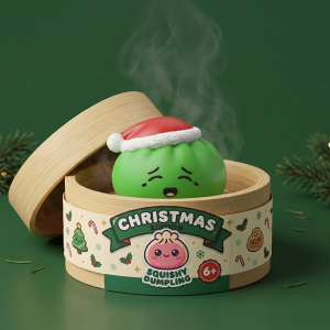 Dumpling Squishy Elf Zielona Czapka Mikołaja w bambusowym koszyku