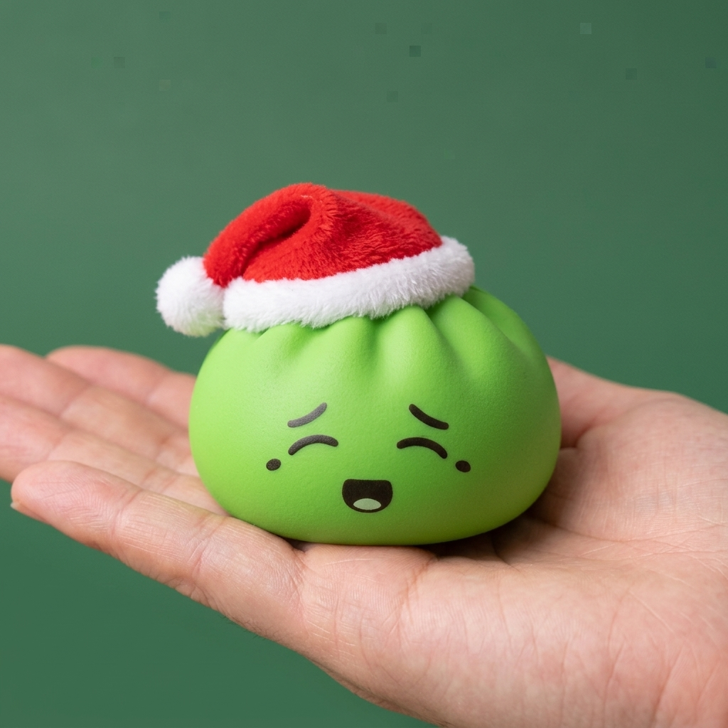 Dumpling Squishy Elf Zielona Czapka Mikołaja w dłoni — porównanie rozmiaru