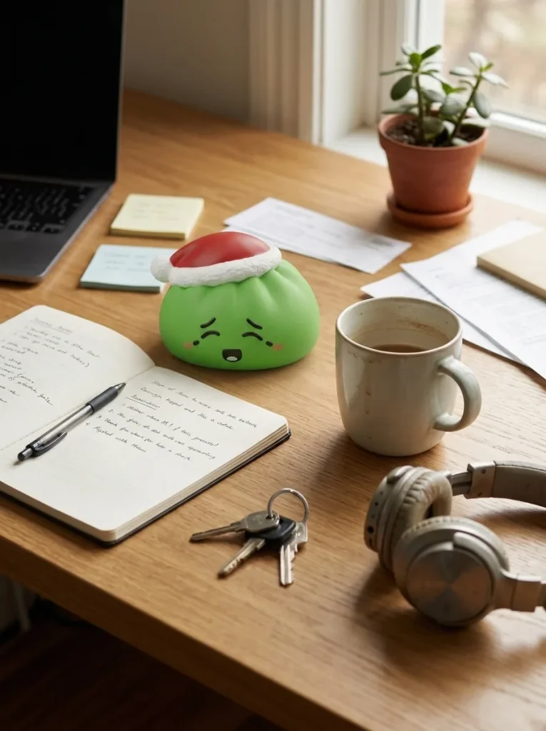 Dumpling Squishy Elf Zielona Czapka Mikołaja na biurku