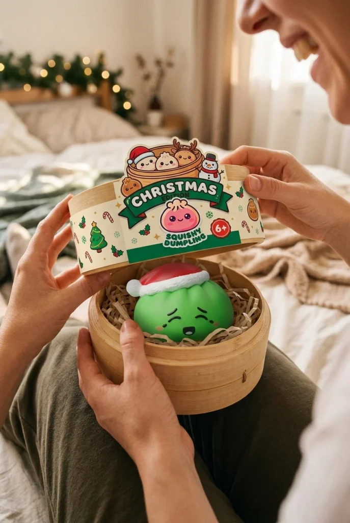 Dumpling Squishy Elf Zielona Czapka Mikołaja podczas rozpakowywania