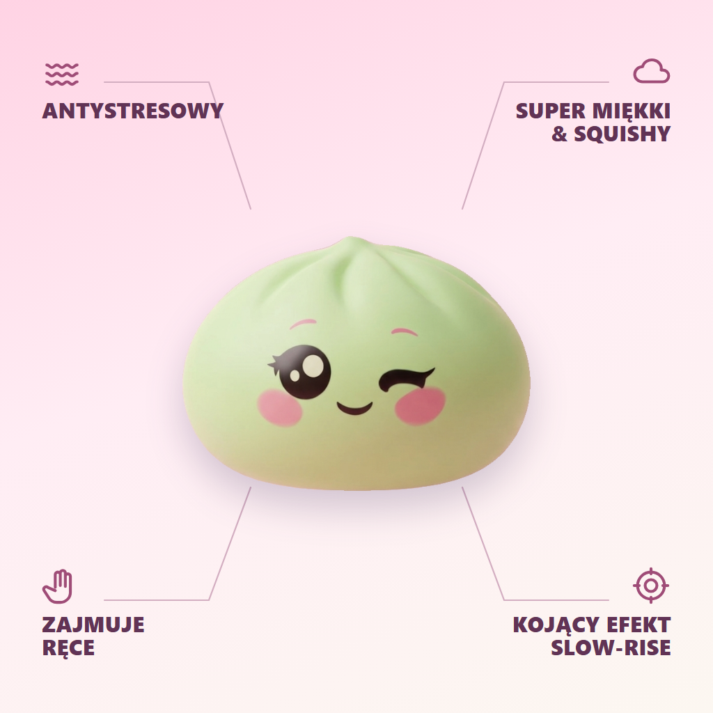 Dumpling Squishy Zielona Pistacja Przymrużone Oko infografika: najważniejsze zalety